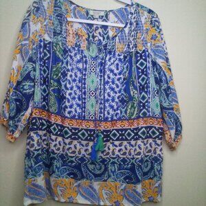 Orientique Naturally Australian Blouse Small Half Sleeve Tassel Pattern Colorful